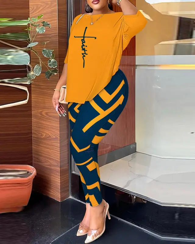 Two piece Fashion Printed Trousers Suit Orange Print - Shop at LoveMi