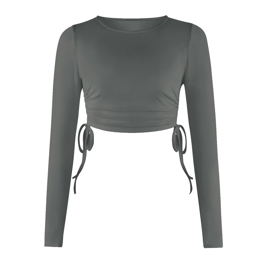 Drawstring Round Neck Long Sleeve Cropped T-shirt Thread Top - Gstj020