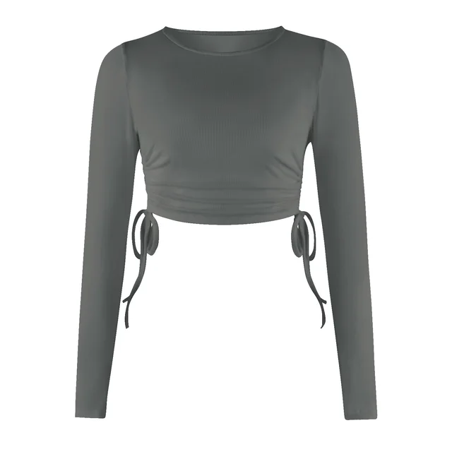 Drawstring Round Neck Long Sleeve Cropped T shirt Thread Top Gstj020 - Shop at LoveMi