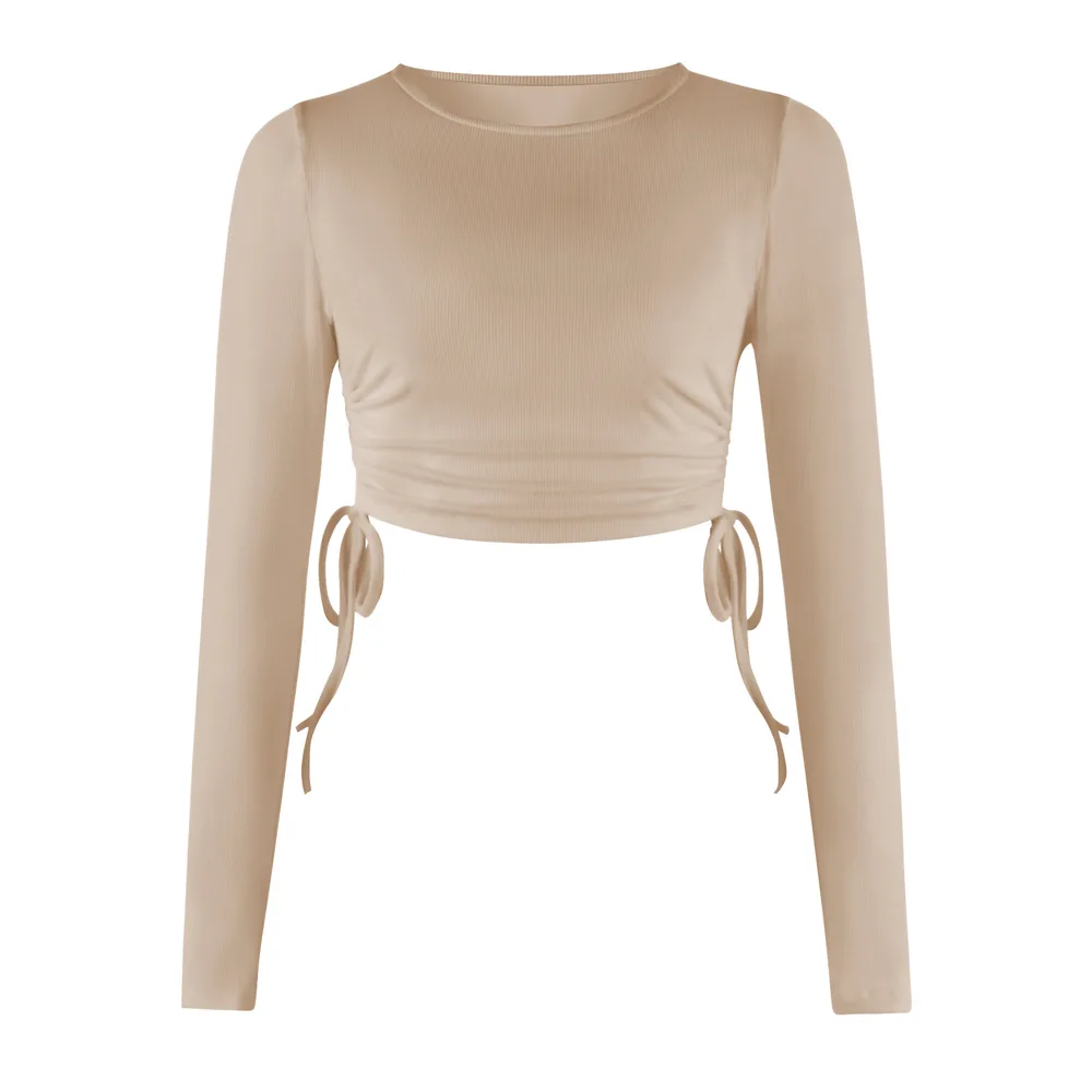 Drawstring Round Neck Long Sleeve Cropped T shirt Thread Top Gstj045 L - Shop at LoveMi