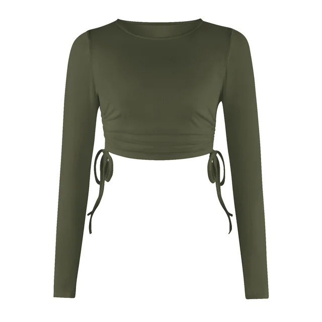 Drawstring Round Neck Long Sleeve Cropped T shirt Thread Top Gstj125 - Shop at LoveMi