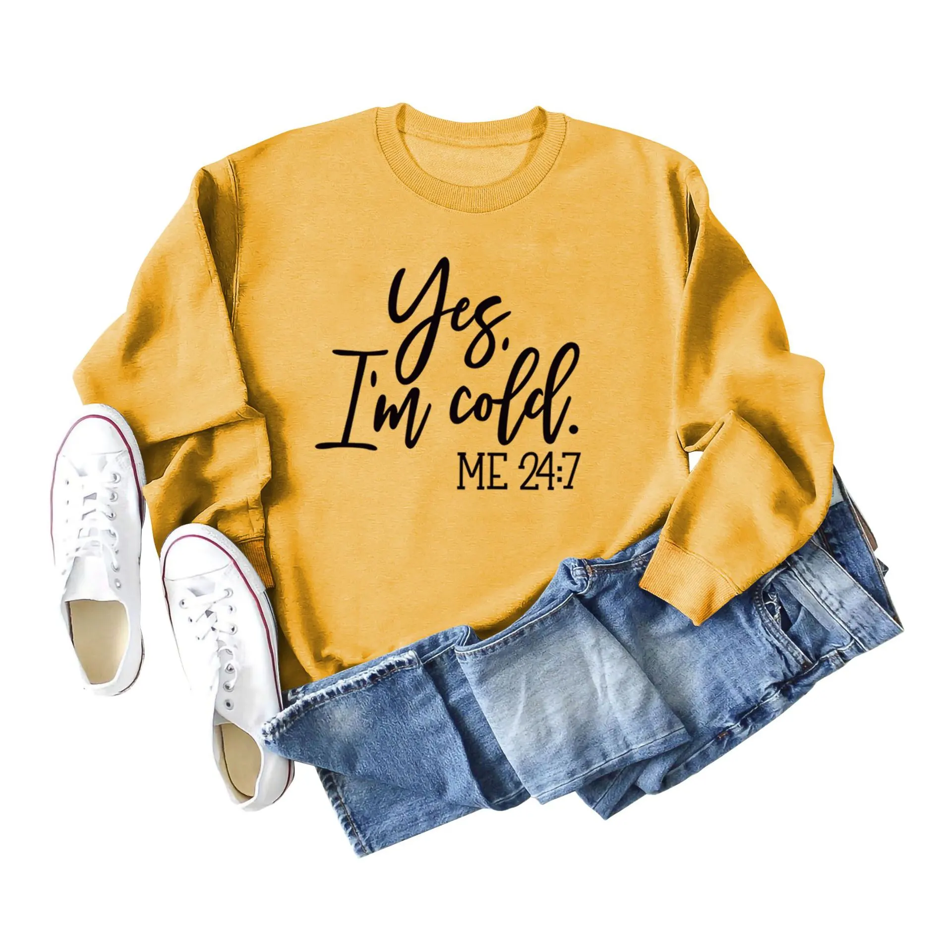 Loose Casual Letter Print Sweatshirt Yes' I M Cold New Round - Yellow Sweater