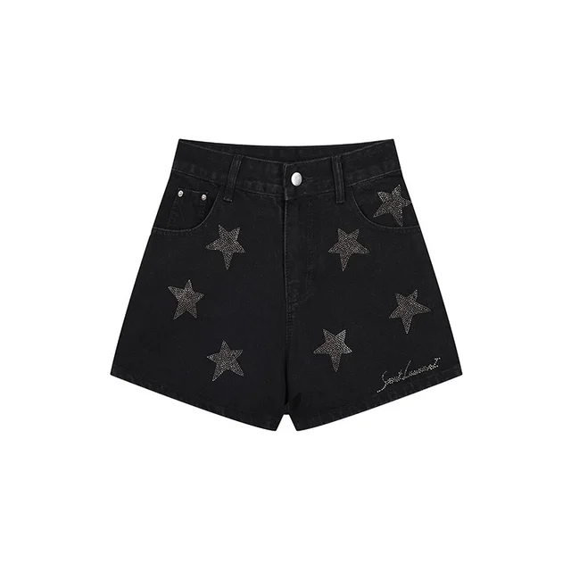 Women's Fashionable High Waist Casual Slim fit Rhinestone Denim Shorts Black - Shop at LoveMi
