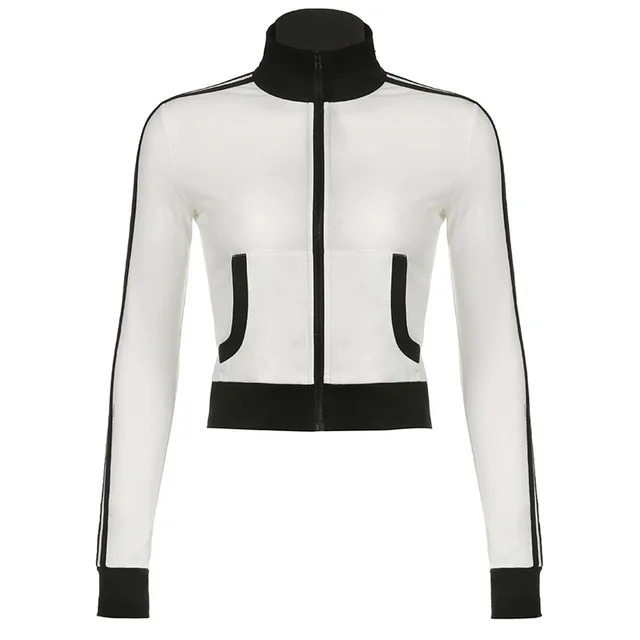 Women's Zipped Stand Collar Black And White Long sleeved Top White - Shop at LoveMi