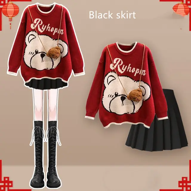 Wind Red Sweater Slim Skirt Two Piece Set Black Skirt - Shop at LoveMi