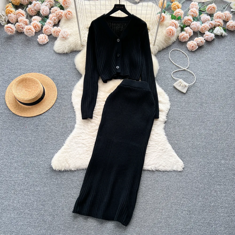 French Style Retro V neck Long Sleeve Cardigan Top Skinny Sheath Skirt Two piece Set Black - Shop at LoveMi