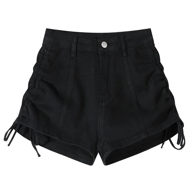 Denim Wide Leg Drawstring Design High Waisted Shorts Black - Shop at LoveMi