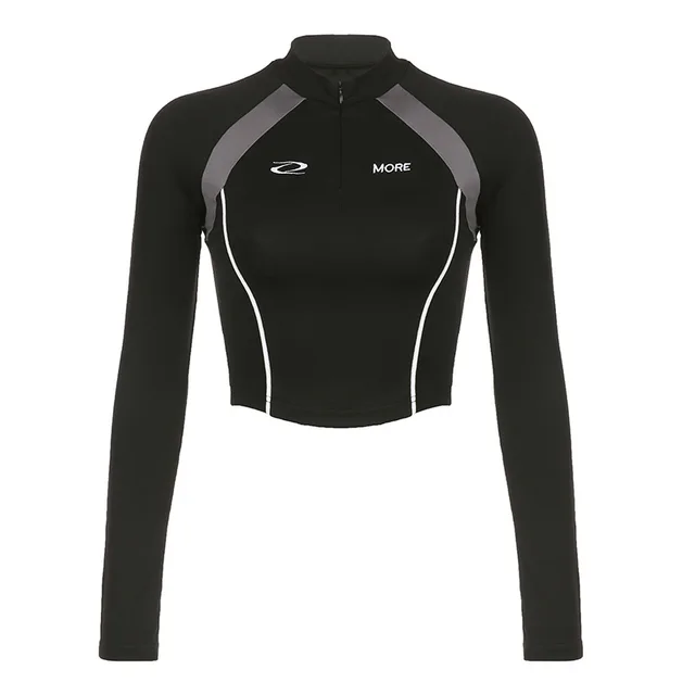 Women's Mechanical Style Color Block Print Invisible Long sleeve Zipper T shirt Black - Shop at LoveMi