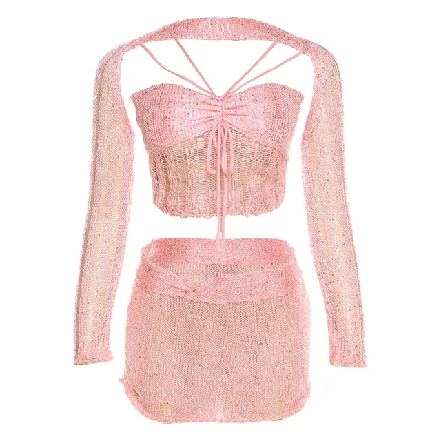 Long Sleeve Sweater Fashionable Sequins Women Ripped Rope Lace up Skirt Suit Pink - Shop at LoveMi