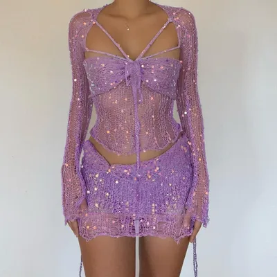 Long Sleeve Sweater Fashionable Sequins Women Ripped Rope Lace up Skirt Suit Purple - Shop at LoveMi