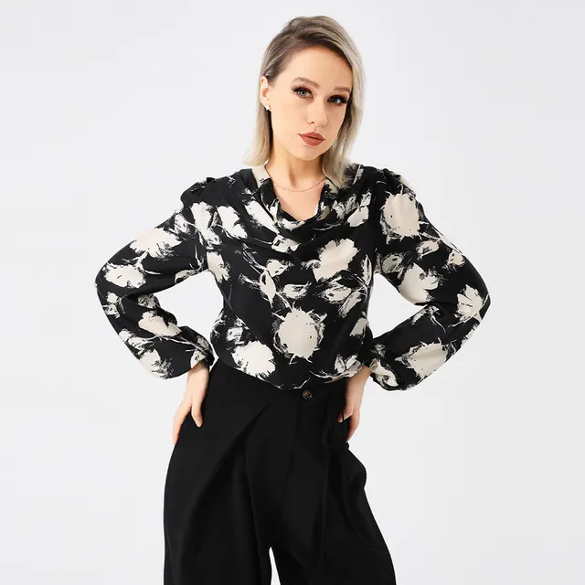 Elegant Ladies Print Front Drop Collar Blouse Black - Shop at LoveMi