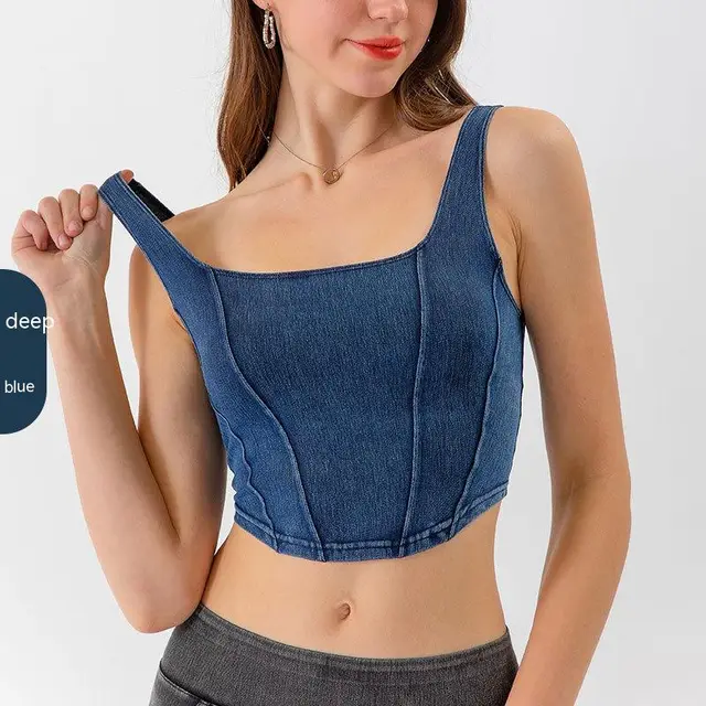 Denim Yoga Sports U shaped Stretch Vest Dark Blue - Shop at LoveMi