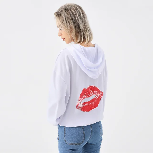Solid Color Red Lip Print Stylish Loose fitting Hoodie White - Shop at LoveMi