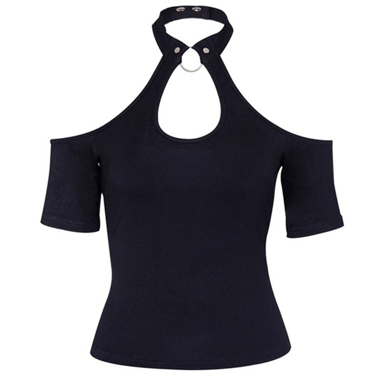 Women's Pure Color Halter Sexy Deep Round Short Sleeve - Black