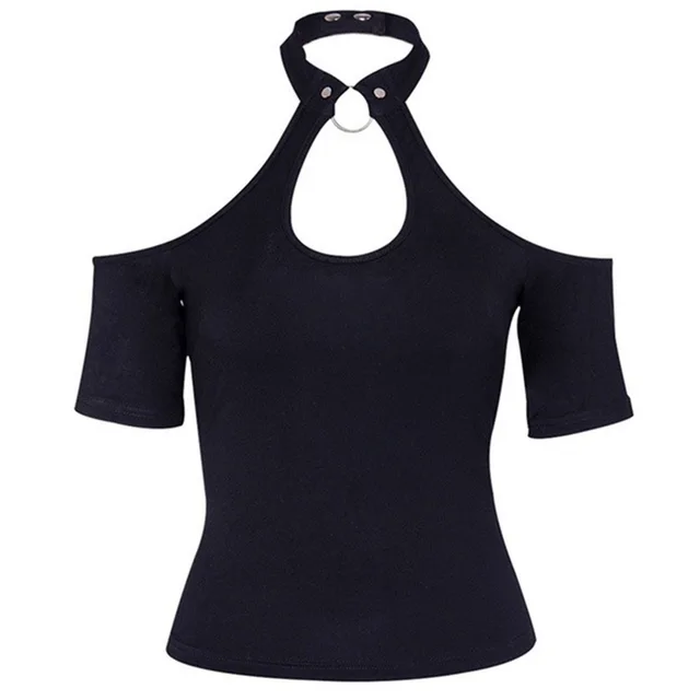 Women's Pure Color Halter Sexy Deep Round Short Sleeve Black - Shop at LoveMi