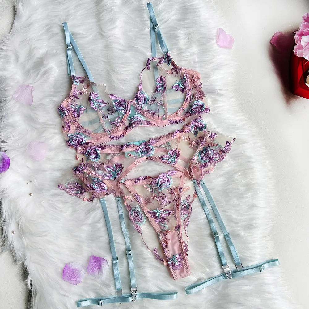 Women's Machine Embroidery Stitching Lace-up Sexy Lingerie Set - Purple
