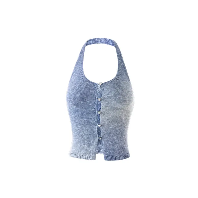 Vacation Style Rainbow Color Halter Spaghetti Straps Vest Outer Wear Slim Top Light Blue - Shop at LoveMi