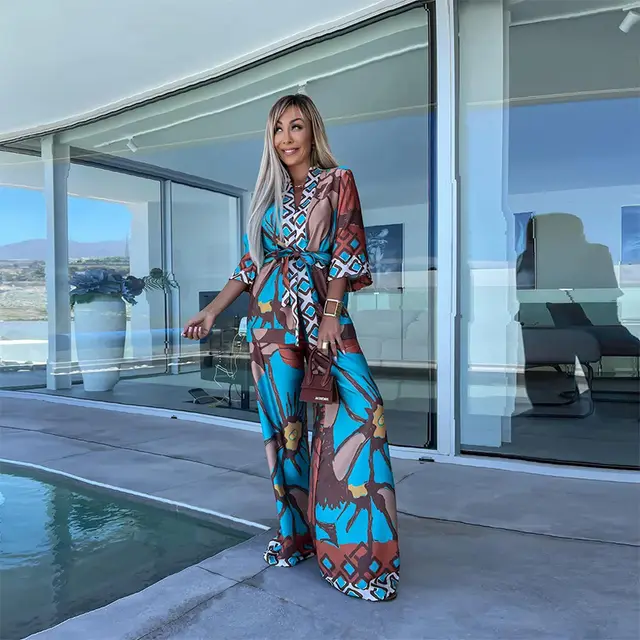 Printed Cropped Sleeve Cardigan Wide Leg Pants Suit Blue - Shop at LoveMi