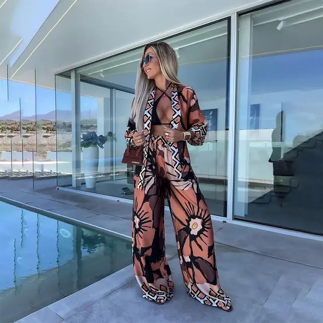 Printed Cropped Sleeve Cardigan Wide Leg Pants Suit Orange - Shop at LoveMi