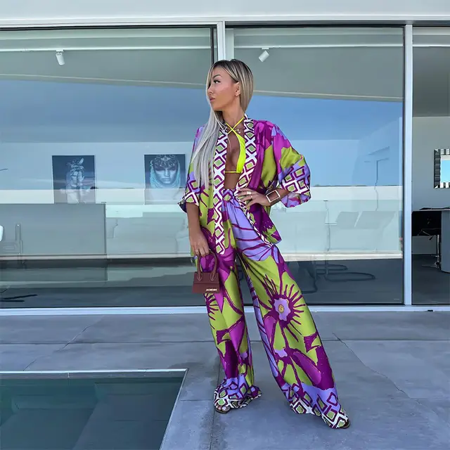 Printed Cropped Sleeve Cardigan Wide Leg Pants Suit Purple - Shop at LoveMi