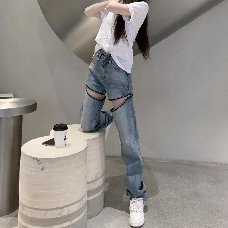 Removable Zipper Two way Ripped Wide legged Jeans Blue - Shop at LoveMi