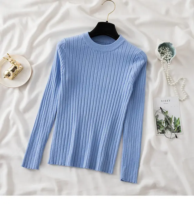 New Round Neck Sunken Stripe Knitwear For Women Blue - Shop at LoveMi