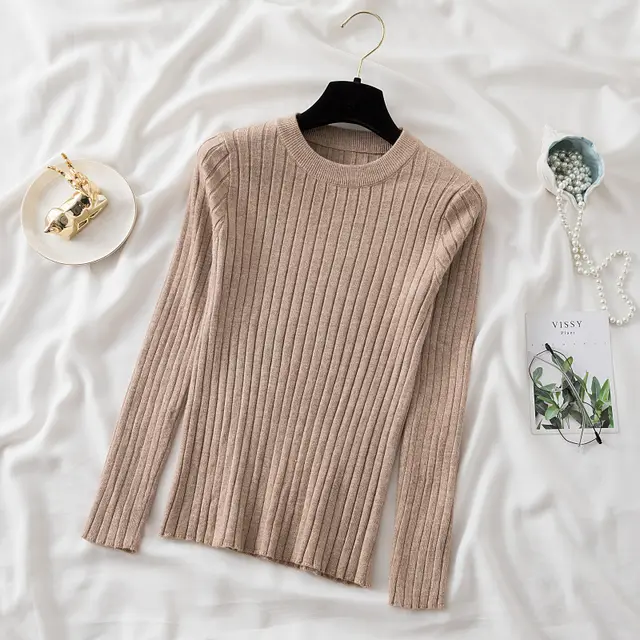 New Round Neck Sunken Stripe Knitwear For Women Khaki - Shop at LoveMi