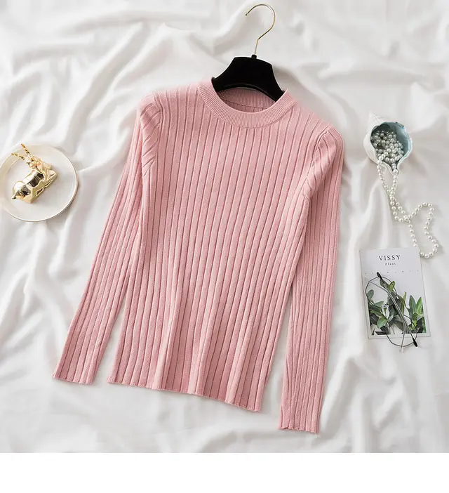 New Round Neck Sunken Stripe Knitwear For Women Pink - Shop at LoveMi