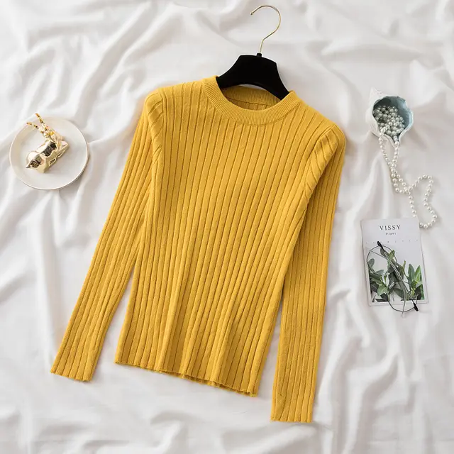 New Round Neck Sunken Stripe Knitwear For Women Yellow - Shop at LoveMi