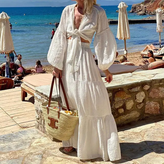 Women's Bohemian Vacation Cardigan A Line Skirt Two piece Set White - Shop at LoveMi