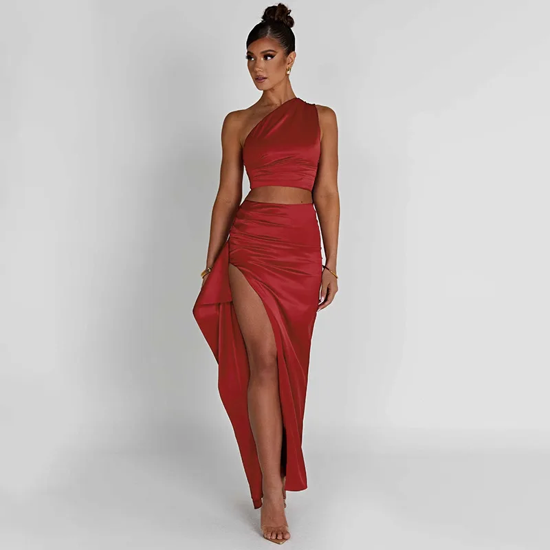 One shoulder Satin Short Top High Waist Split Maxi Dress E Red - Shop at LoveMi