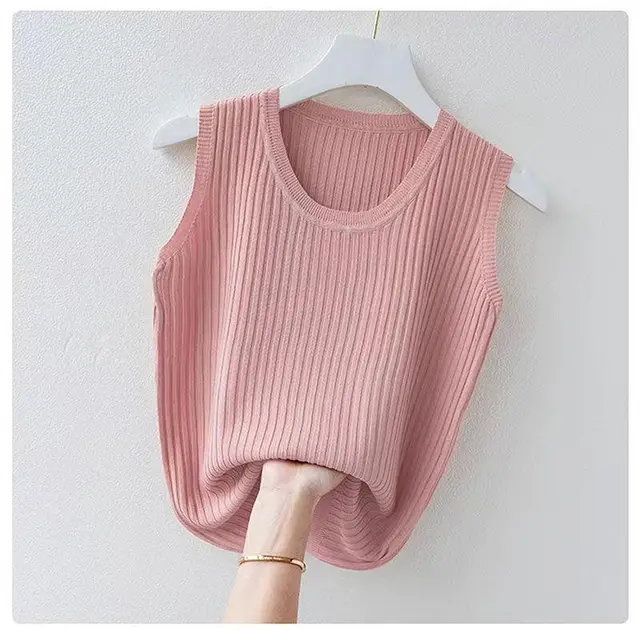 Women's Summer Ice Silk Round Neck Camisole Vest Knitted Bottoming Shirt Light Pink - Shop at LoveMi