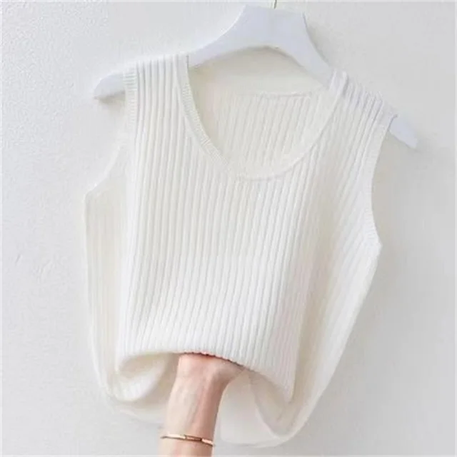 Women's Summer Ice Silk Round Neck Camisole Vest Knitted Bottoming Shirt White - Shop at LoveMi
