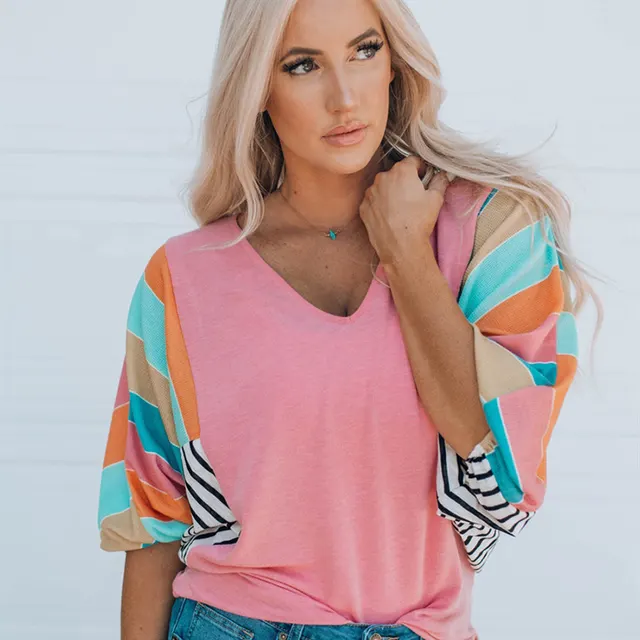 V neck Pullover Contrast Stitching Short Sleeves Top Pink - Shop at LoveMi