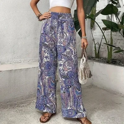 Bohemian Paisley Printed Wide leg Pants Blue Pattern - Shop at LoveMi