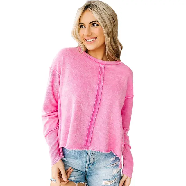 Solid Color Hoodie Women's Raw Edge Exposed Seam Pullover Long Sleeve Top Rose Red - Shop at LoveMi