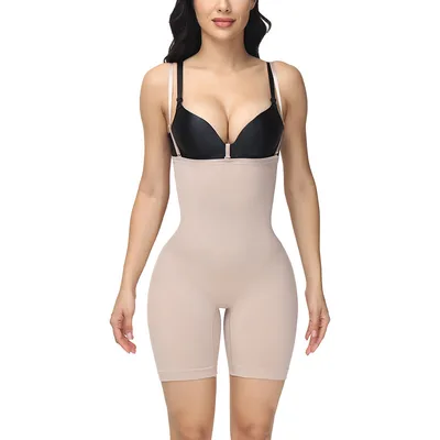 Tummy Control Panty Suspender Seamless Bodysuit Apricot - Shop at LoveMi