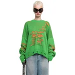 Loose And Idle Color Matching Ripped Long Sleeves Top - Green