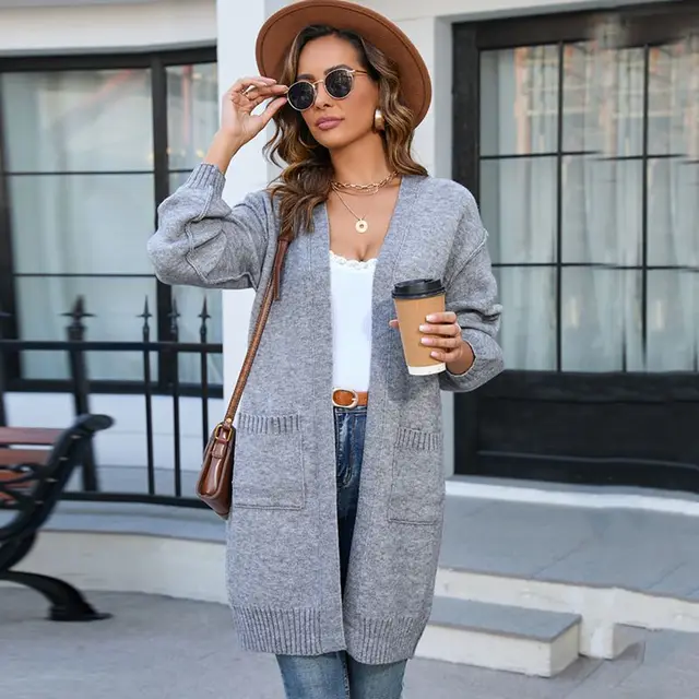 Knitted Solid Color Pocket Mid length Sweater Coat Dark Gray - Shop at LoveMi