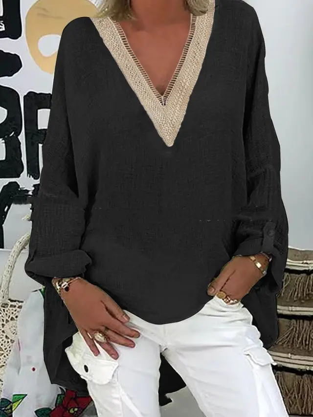 Large Size Loose Cotton Linen Shirt Cross border New Spring And Autumn V neck Solid Color Top Black - Shop at LoveMi