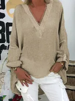 Large Size Loose Cotton Linen Shirt Cross-border New Spring And Autumn V-neck Solid Color Top - Khaki