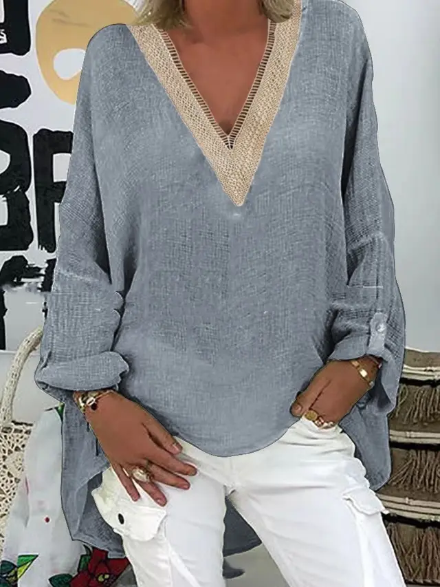 Large Size Loose Cotton Linen Shirt Cross border New Spring And Autumn V neck Solid Color Top Light Gray - Shop at LoveMi