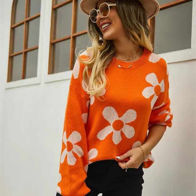Women's Fashion Casual Printing Sweater Top Orange - Shop at LoveMi