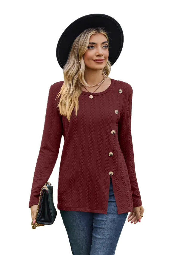 Women's Round Neck Button Split T shirt Top Wine Red - Shop at LoveMi