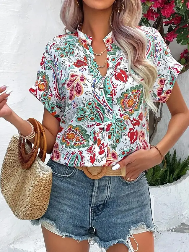 V neck Painted Color Printing Short Sleeve Green Flower - Shop at LoveMi