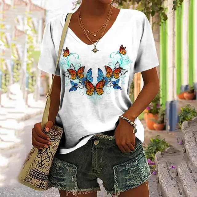 European And American Women's Clothing New Top Loose V neck Digital Printed Short Sleeve T shirt Dz 64681 Yxc - Shop at LoveMi