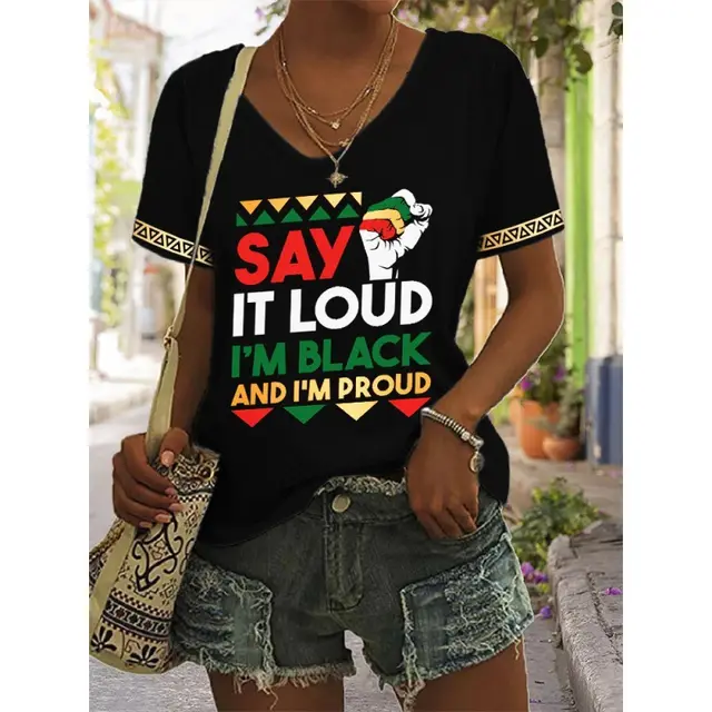 European And American Women's Clothing New Top Loose V neck Digital Printed Short Sleeve T shirt Dz 64840 Rdm - Shop at LoveMi