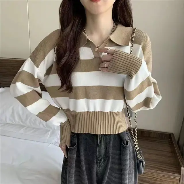 Polo Collar Stripes Knitwear Loose Small Short Sweater Autumn And Winter Khaki - Shop at LoveMi