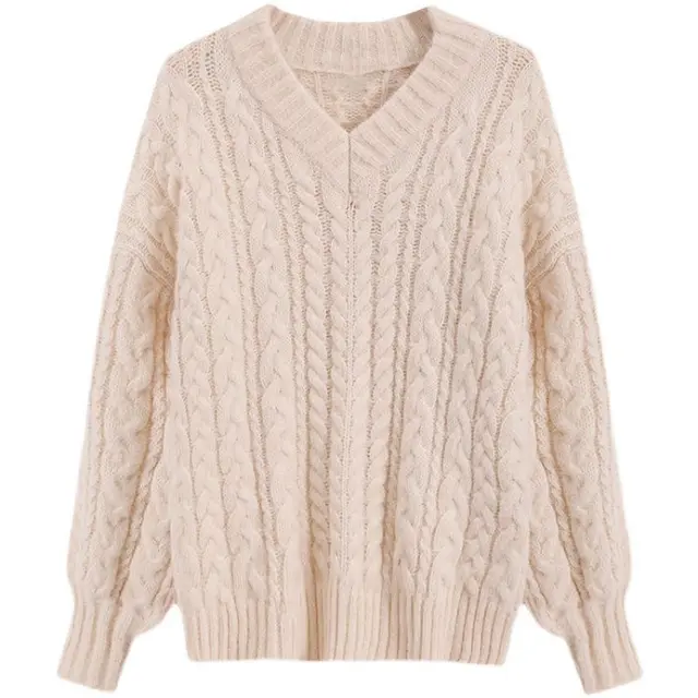 Women's V neck Sweater Loose Thick Twist Coat Apricot - Shop at LoveMi