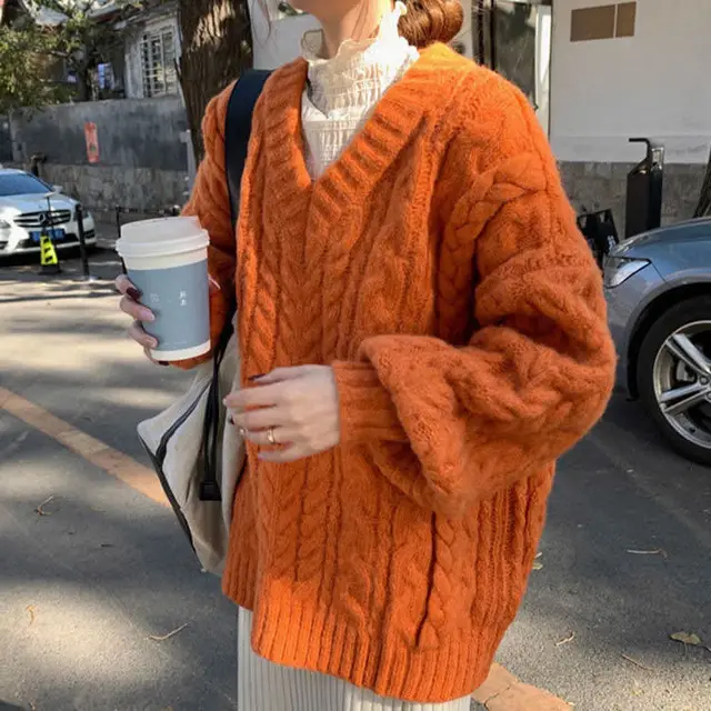 Women's V neck Sweater Loose Thick Twist Coat Orange - Shop at LoveMi